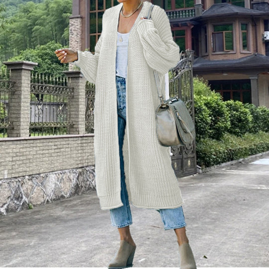 Damen Langer Strickmantel mit offener Front und lässigem Schnitt EB