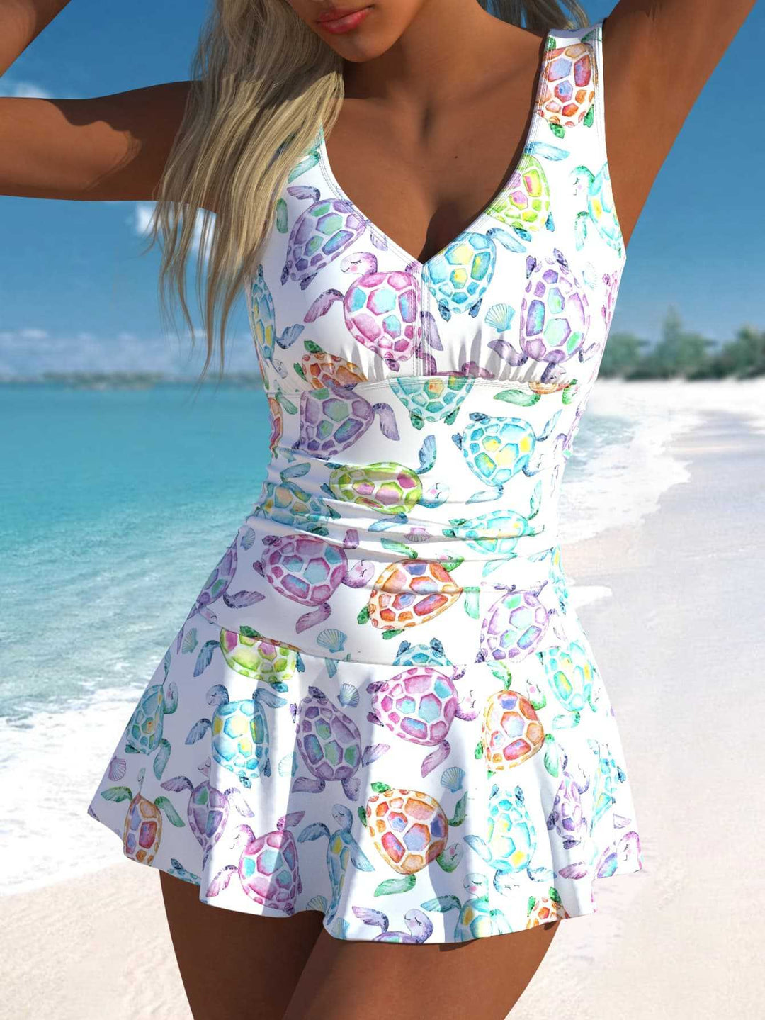 Damen Schwimmdress mit fröhlichem Schildkrötenmotiv und elegantem Rocksaum EB