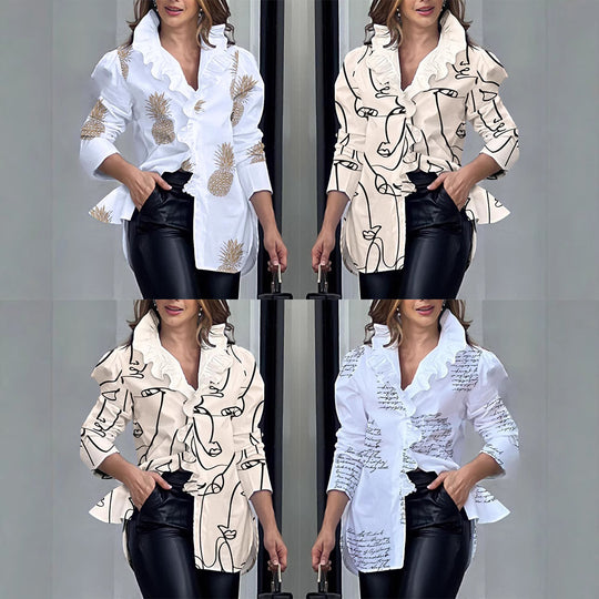 Damen modische Bluse mit voluminösen Rüschen und Schriftzug EB