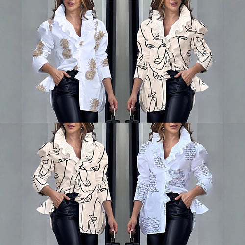 Damen modische Bluse mit voluminösen Rüschen und Schriftzug EB