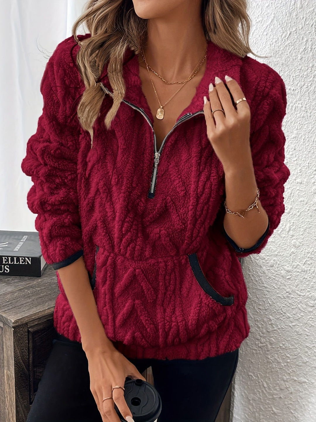 Damen Fleece-Pullover im modernen Strickdesign mit Reißverschluss EB