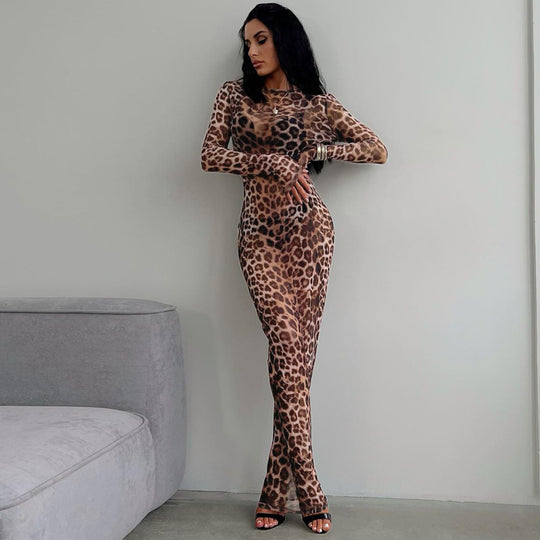 Damen Maxikleid mit elegantem Leopardenmuster EB