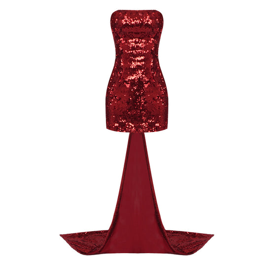 Damen Glitzerndes Abendkleid mit Schleppe und trägerlosem Design EB