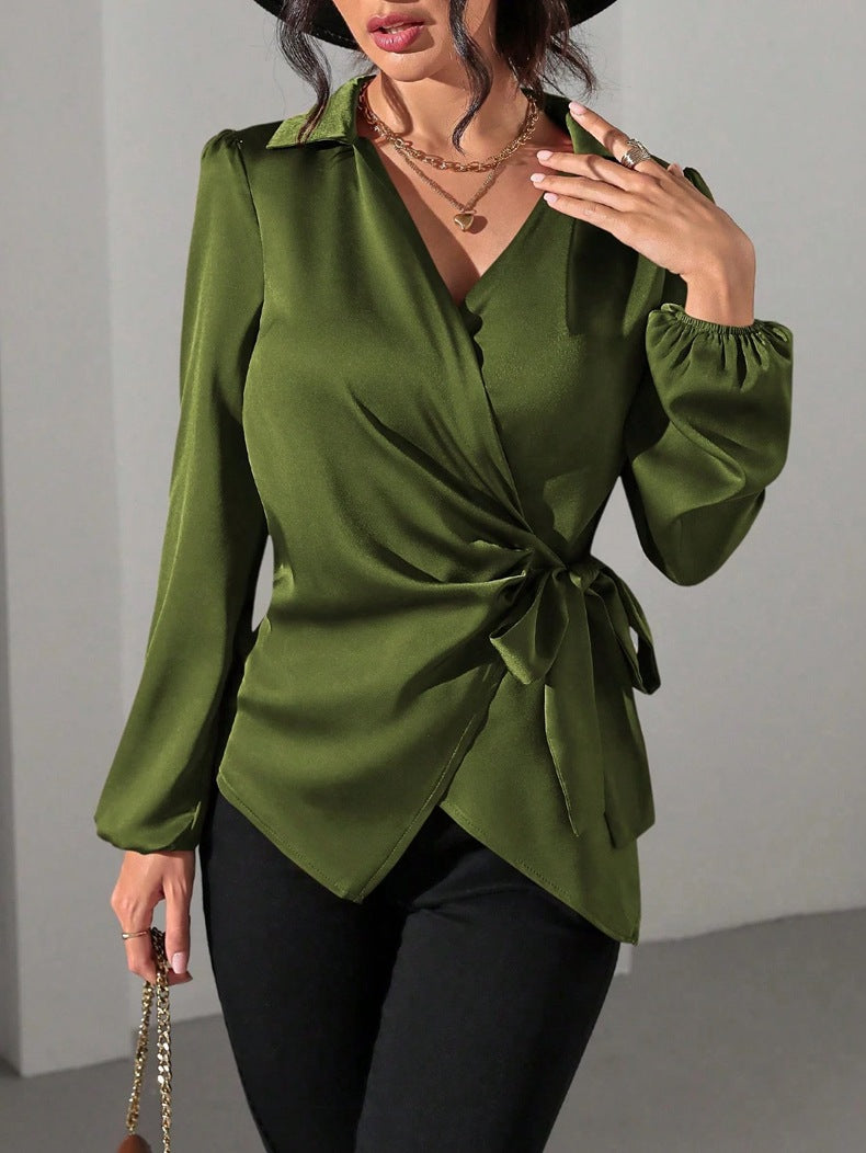 Damen Wickelbluse mit elegantem Taillengürtel und Puffärmeln EB