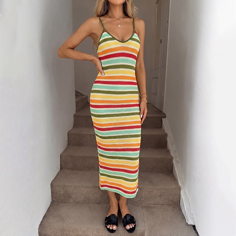 Damen Strick-Kleid im lässigen Streifenmuster mit schmalen Spaghetti-Trägern EB