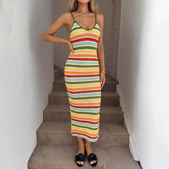 Damen Strick-Kleid im lässigen Streifenmuster mit schmalen Spaghetti-Trägern EB