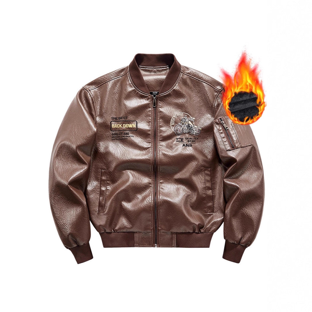 Herren Biker Lederimitat Bomberjacke mit Stickpatches und Ärmeltasche EB