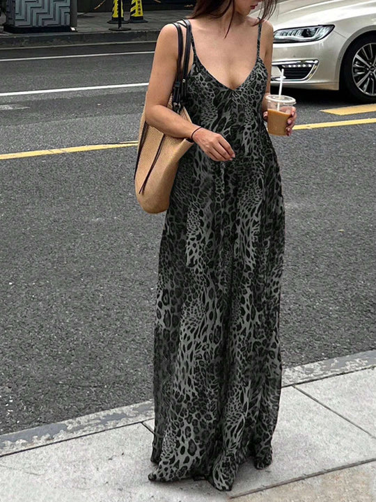 Damen Maxikleid mit tiefem V-Ausschnitt und elegantem Leopardenmuster EB