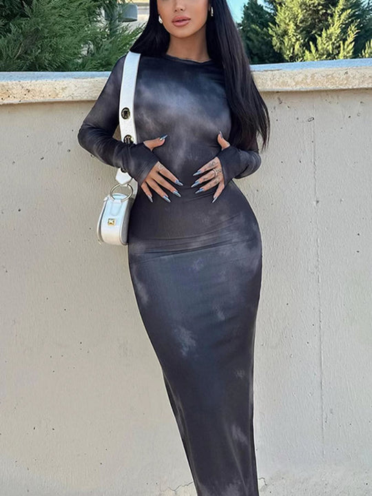 Damen Langarm Maxikleid aus Stretchmaterial mit abstraktem Farbverlauf EB