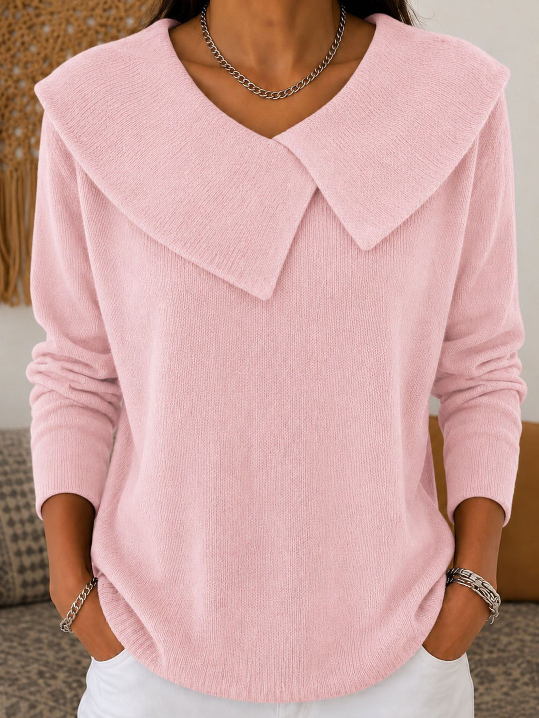 Damen Grobgestrickter Strickpullover mit übergroßem Matrosenkragen EB