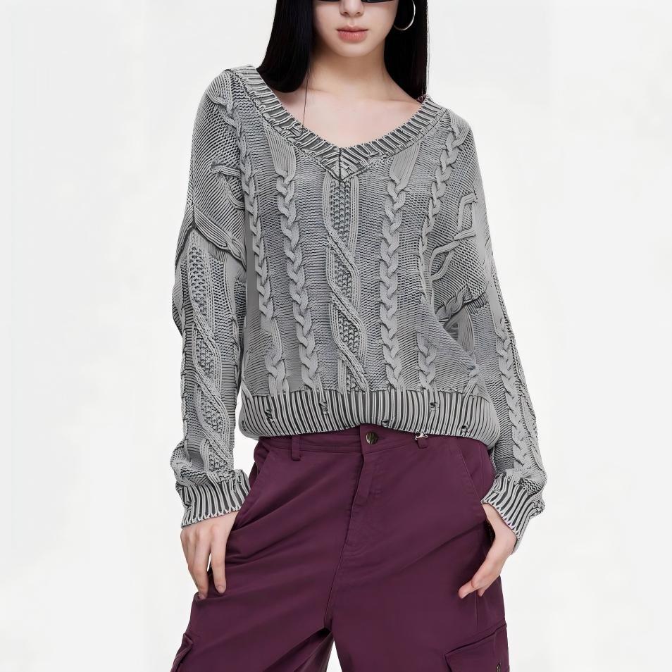 Damen Grob gestrickter Pullover mit V-Ausschnitt und voluminösen Ärmeln EB