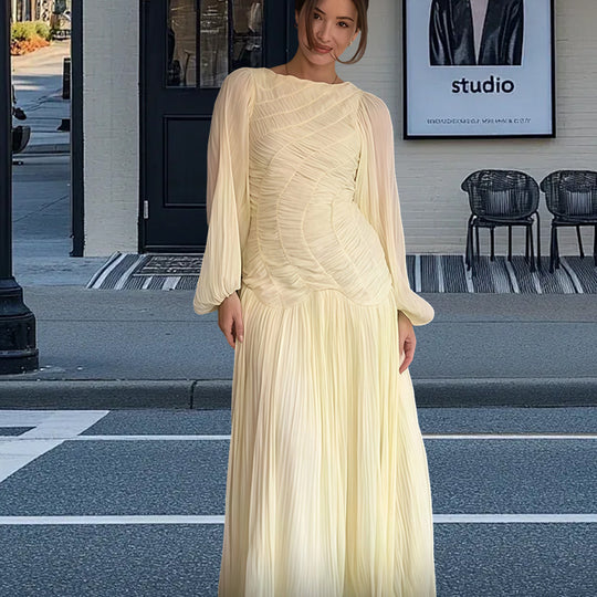 Damen Elegantes Plissiertes Maxikleid mit Raffungen und langen Ärmeln EB