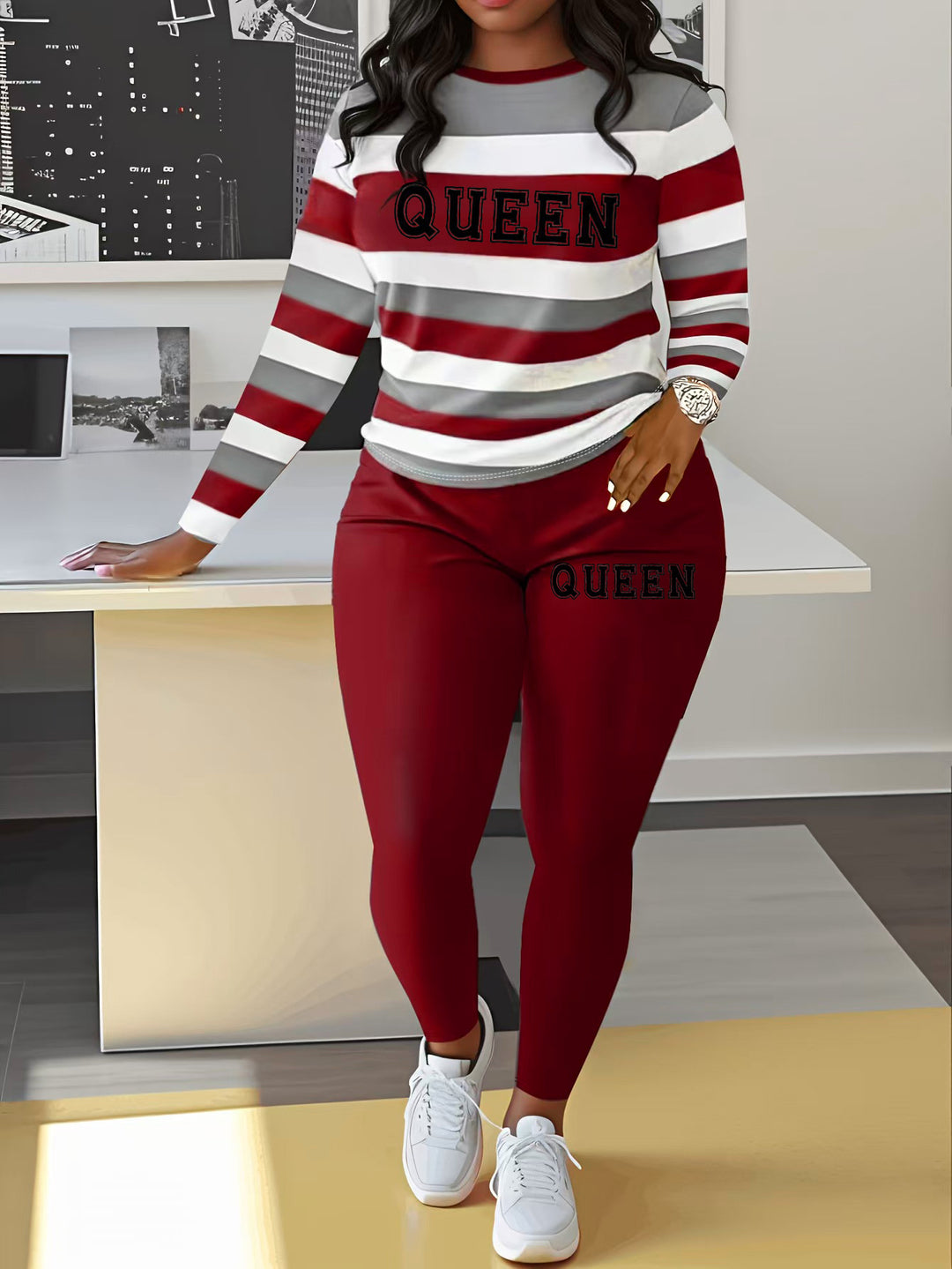 Damen Sportliches Zweiteiler-Set mit gestreiftem Oberteil und leggings EB