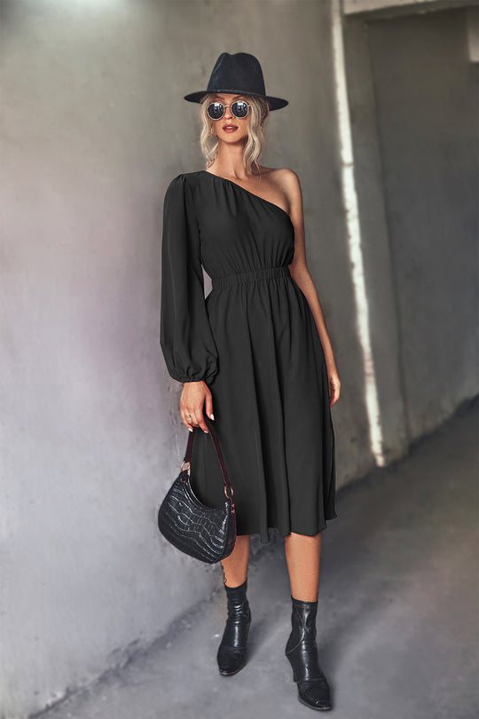 Damen Midikleid mit asymmetrischem One-Shoulder-Design und elastischem Taillengürtel EB