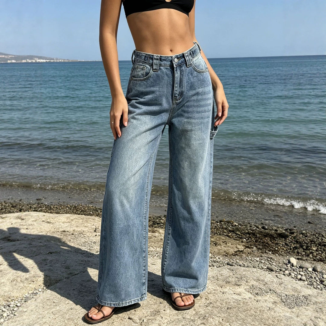 Damen nan weite High‑Waist Carpenter-Denimhose mit Utility-Seitentasche und ausgestelltem Bein EB