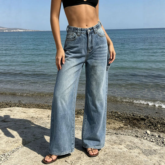 Damen nan weite High‑Waist Carpenter-Denimhose mit Utility-Seitentasche und ausgestelltem Bein EB