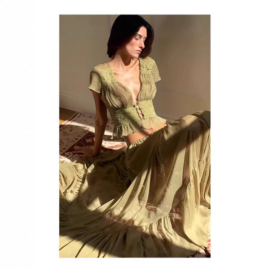 Damen Luftiges Maxikleid mit eleganten Rüschen und transparenter Optik EB