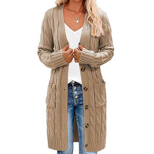 Damen Langer Strickcardigan mit Zopfdesign und praktischen Taschen EB