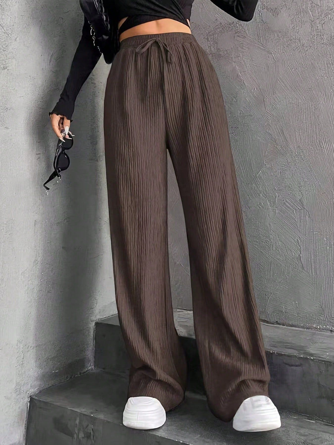 Damen weite Pluderhose mit geripptem Design und elastischem Taillenbund EB