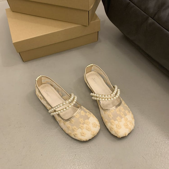 Damen elegante Ballerinas mit dekorativer Perlenapplikation und modischem Riemchen EB