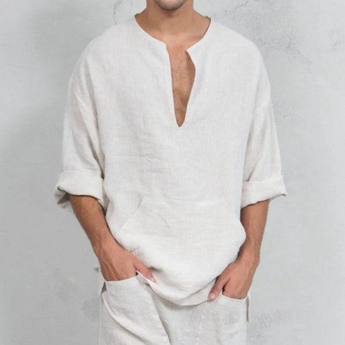 Herren lässiges Leinenoberteil mit Henley-Ausschnitt und praktischer Kängurutasche EB