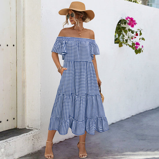 Damen Off-Shoulder Maxikleid mit raffinierten Rüschendetails und lockerer A-Linien-Silhouette EB