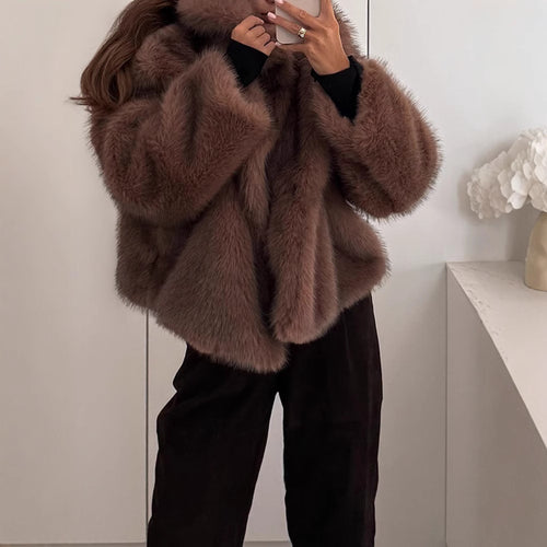 Damen stylischer Kunstfellmantel mit breitem Kragen EB