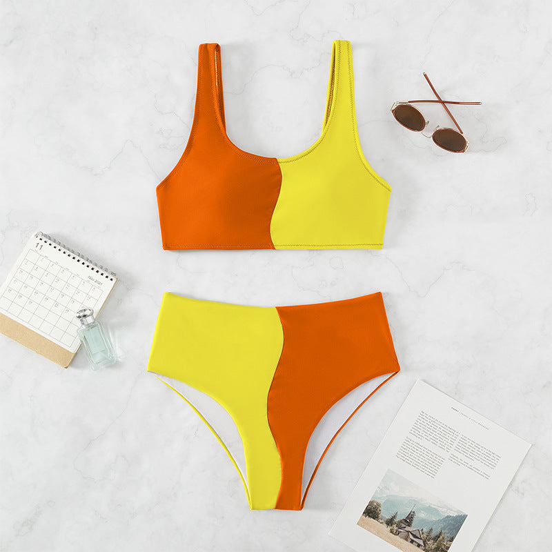 Damen Hochgeschnittenes Bikini-Set mit kontrastierenden Farbblöcken EB