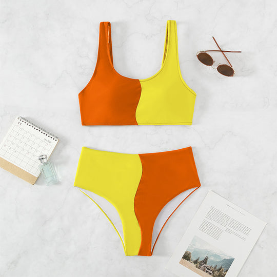 Damen Hochgeschnittenes Bikini-Set mit kontrastierenden Farbblöcken EB
