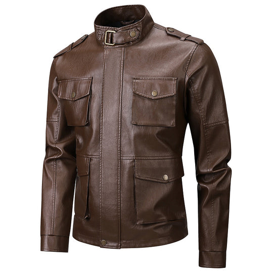 Herren Militärjacke aus Kunstleder mit praktischen Taschen und hohem Kragen EB