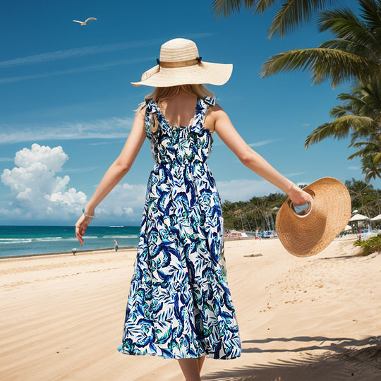 Damen Strandkleid mit floralem Muster und schwingendem Rock EB