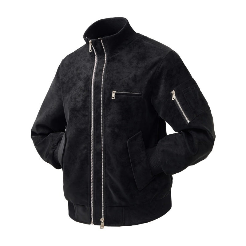 Herren Veloursleder-Optik Bomberjacke mit zweiwege-reißverschluss, Ärmel-Tasche und elastischen Rippenbündchen EB