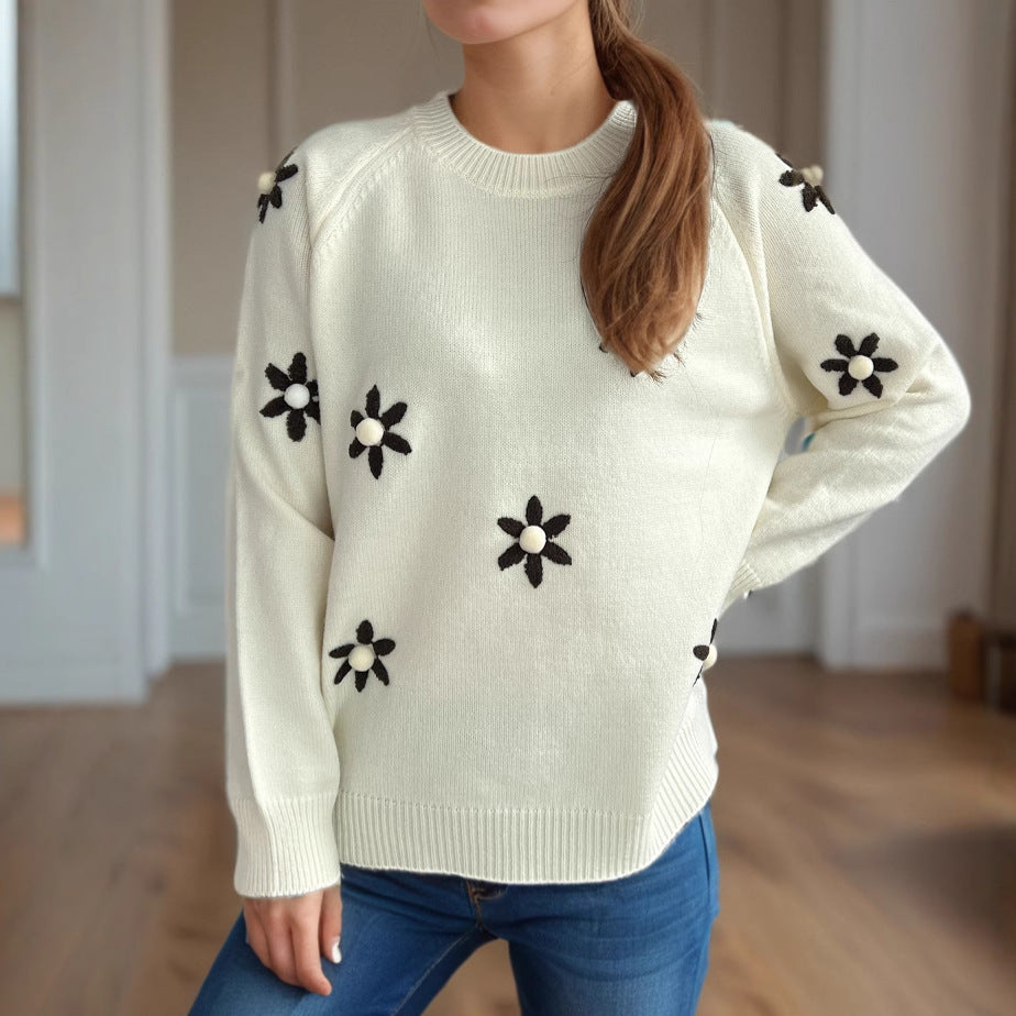 Damen Strickpullover mit floralen Applikationen und lässigem Schnitt EB
