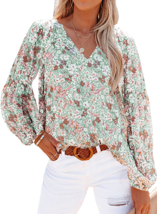 Damen Bluse mit floralen Mustern und V-Ausschnitt EB