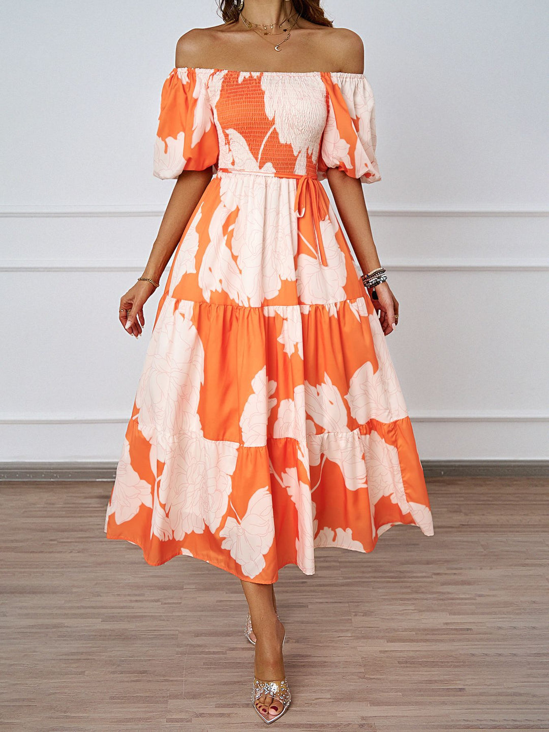 Damen Sommerkleid mit elegantem Puffärmel-Design und floralem Muster EB