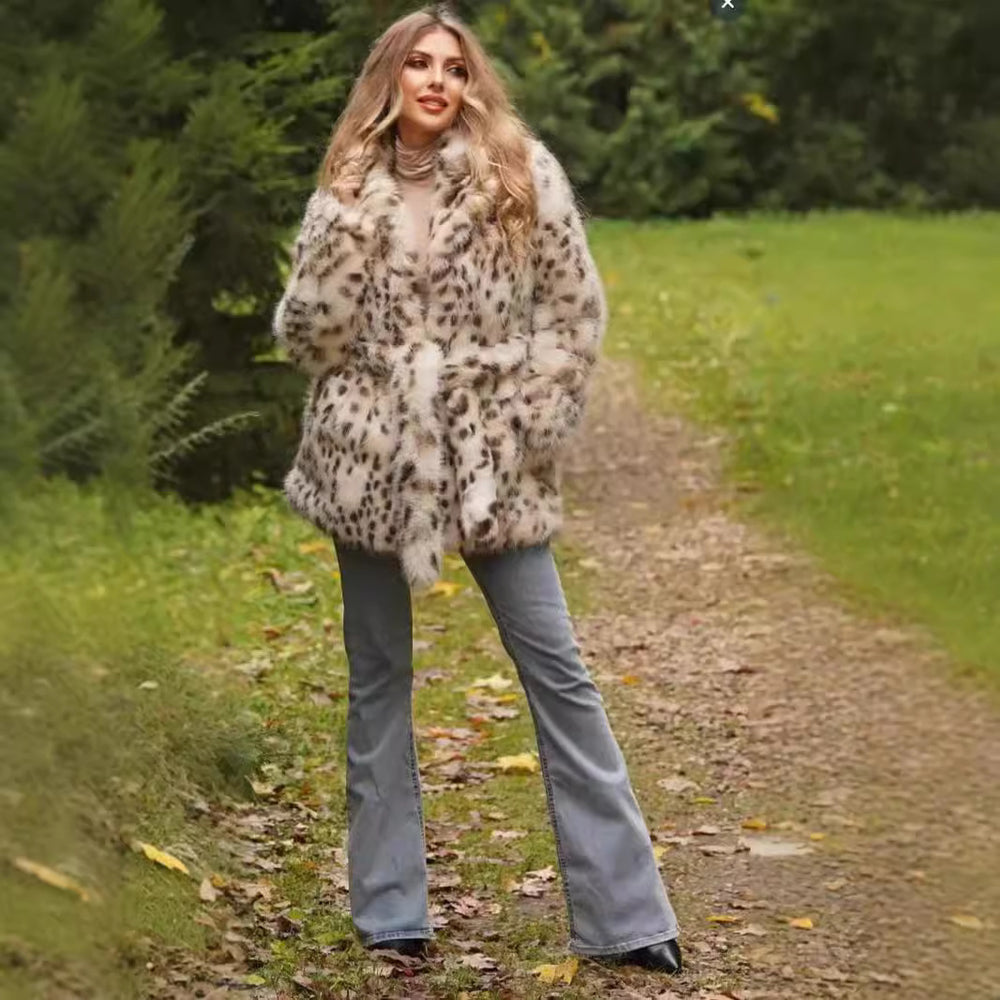 Damen Glamouröse Kunstpelzjacke mit Gürtel EB