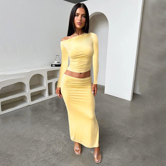 Damen Asymmetrisches Crop‑Top und taillenbetonter Maxirock‑Set aus Stretchjersey EB