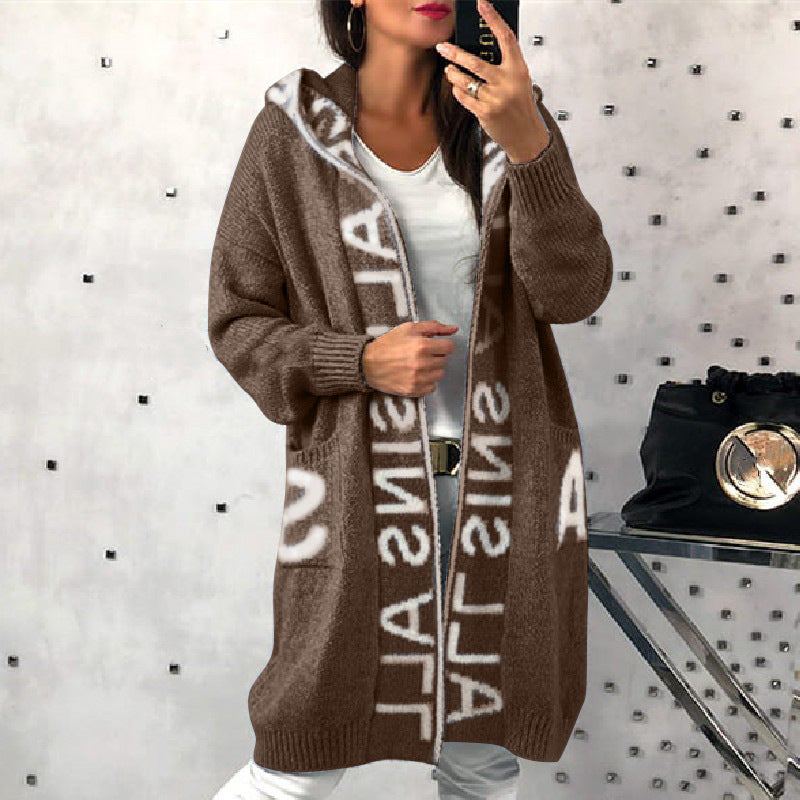 Damen Langarm-Strickcardigan mit Kapuze und praktischen Taschen EB