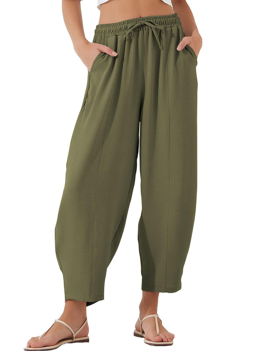 Damen Bequeme, weit geschnittene Sommerhose mit elastischem Bund und seitlichen Taschen EB