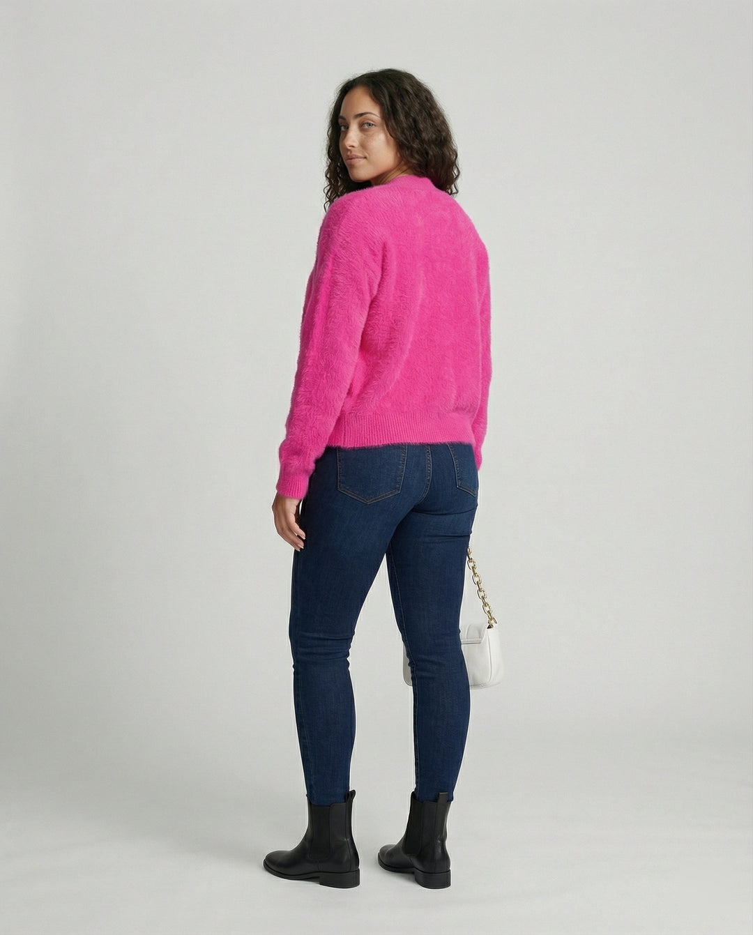 Damen Flauschiger V-Ausschnitt Cardigan mit Knopfdetail EB
