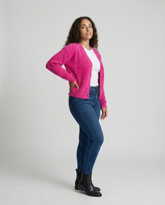 Damen Flauschiger V-Ausschnitt Cardigan mit Knopfdetail EB