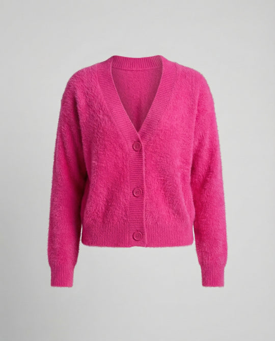 Damen Flauschiger V-Ausschnitt Cardigan mit Knopfdetail EB
