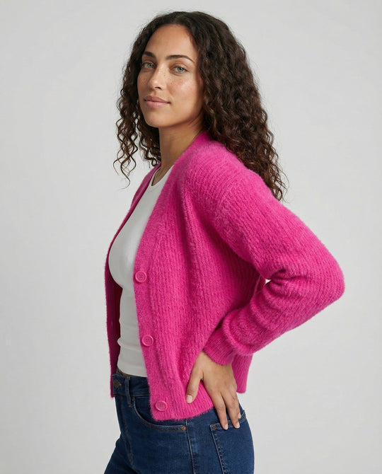 Damen Flauschiger V-Ausschnitt Cardigan mit Knopfdetail EB