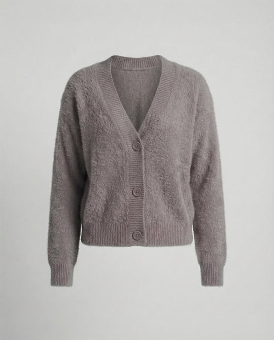 Damen Flauschiger V-Ausschnitt Cardigan mit Knopfdetail EB