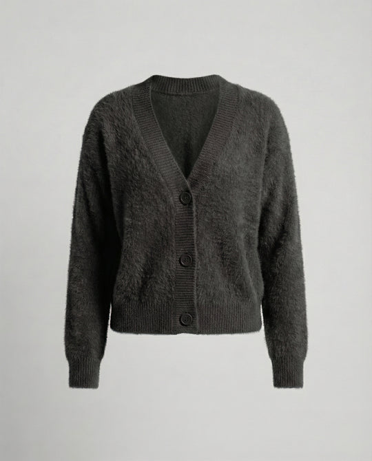Damen Flauschiger V-Ausschnitt Cardigan mit Knopfdetail EB