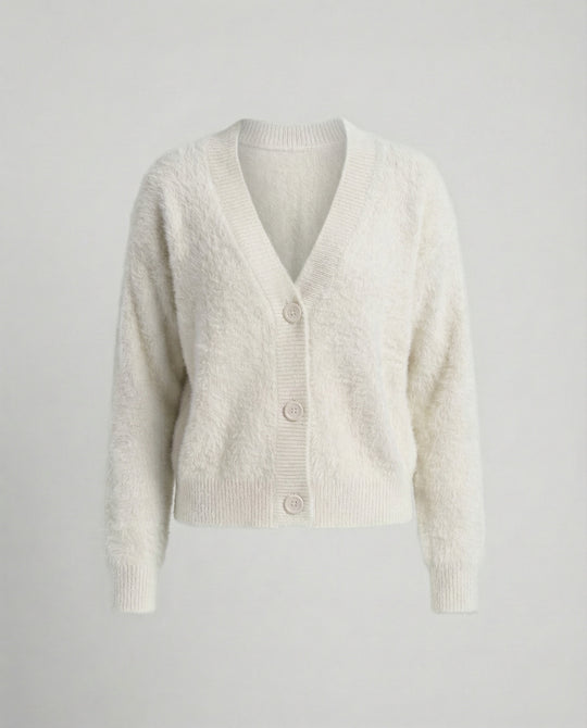 Damen Flauschiger V-Ausschnitt Cardigan mit Knopfdetail EB
