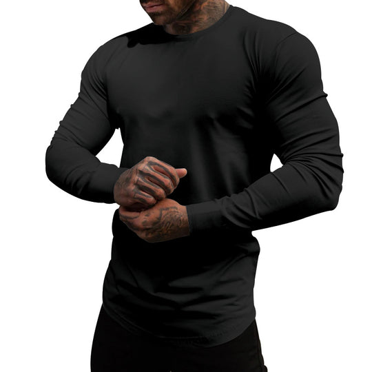 Herren nan figurbetontes Langarmshirt mit Rundhalsausschnitt, elastischem Baumwollstretch und verlängertem Saum EB