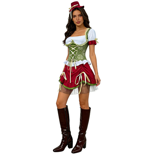 Damen nan kurzes Dirndl Trachtenkleid mit Schnürcorsage, Spitzenkragen und gerafftem Rock EB