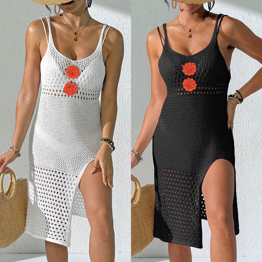 Damen Häkel-Strandkleid mit sexy Schlitz und Blumenapplikationen EB