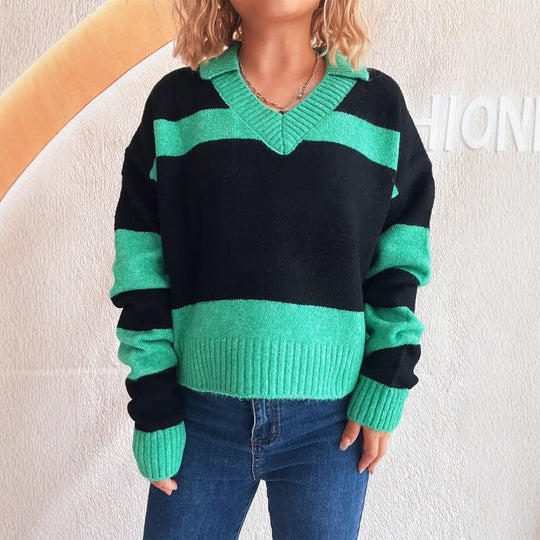 Damen Strickpullover mit modischen Streifen und V-Ausschnitt EB